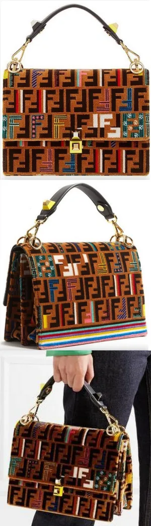 Kan I Logo-Print Medium Velvet Shoulder Bag