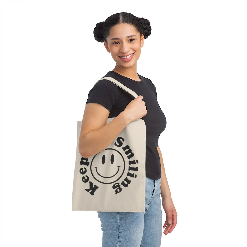 Keep on Smiling Canvas Tote Bag, Funny Sayings Tote Bag, Retro '90's Y2K Smiley Face Everyday Tote Bag, Happy Face Reusable shopping Bag