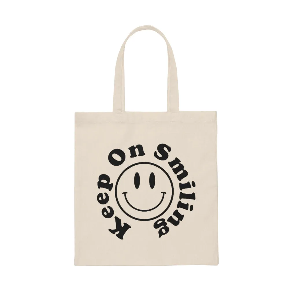 Keep on Smiling Canvas Tote Bag, Funny Sayings Tote Bag, Retro '90's Y2K Smiley Face Everyday Tote Bag, Happy Face Reusable shopping Bag
