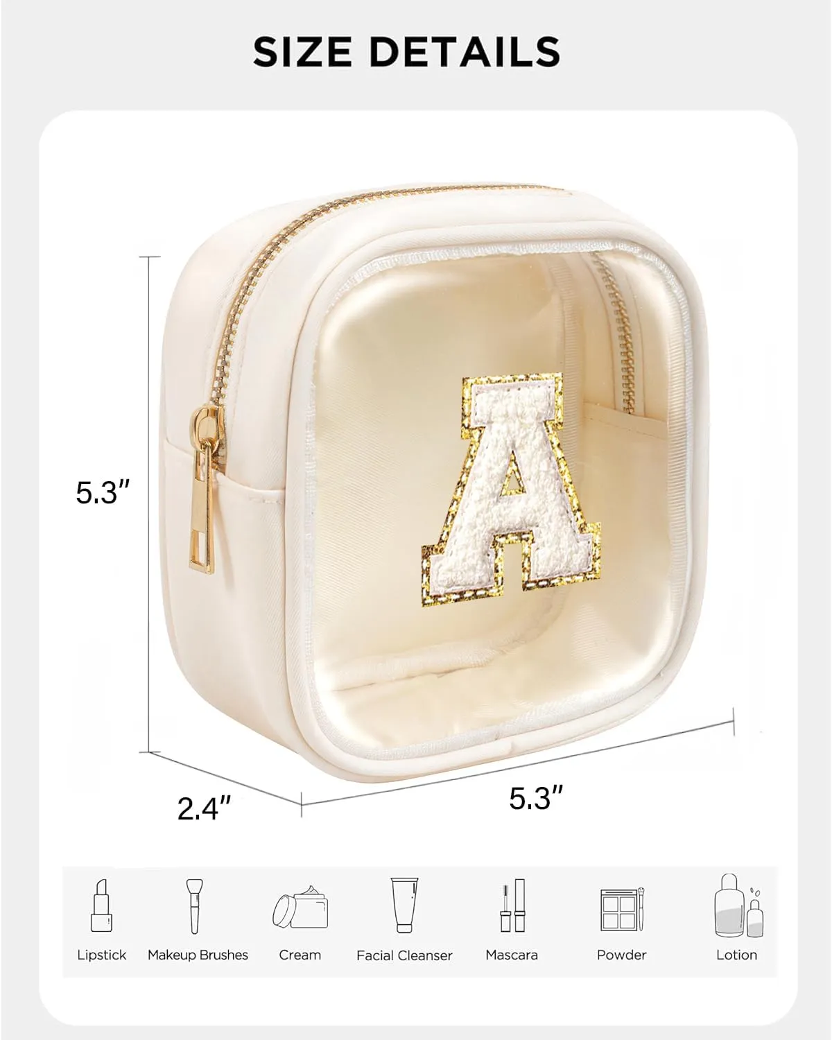 KOTORA Initial Make Up Bag Travel Toiletry Bag, Clear Makeup Bag Preppy Cosmetic Bags Organizer Easter Basket Essentials Pink Gifts for Women Girlfriend Teacher Mom Brithday Small Makeup Bag Beige A