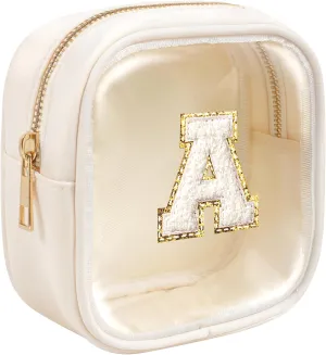 KOTORA Initial Make Up Bag Travel Toiletry Bag, Clear Makeup Bag Preppy Cosmetic Bags Organizer Easter Basket Essentials Pink Gifts for Women Girlfriend Teacher Mom Brithday Small Makeup Bag Beige A