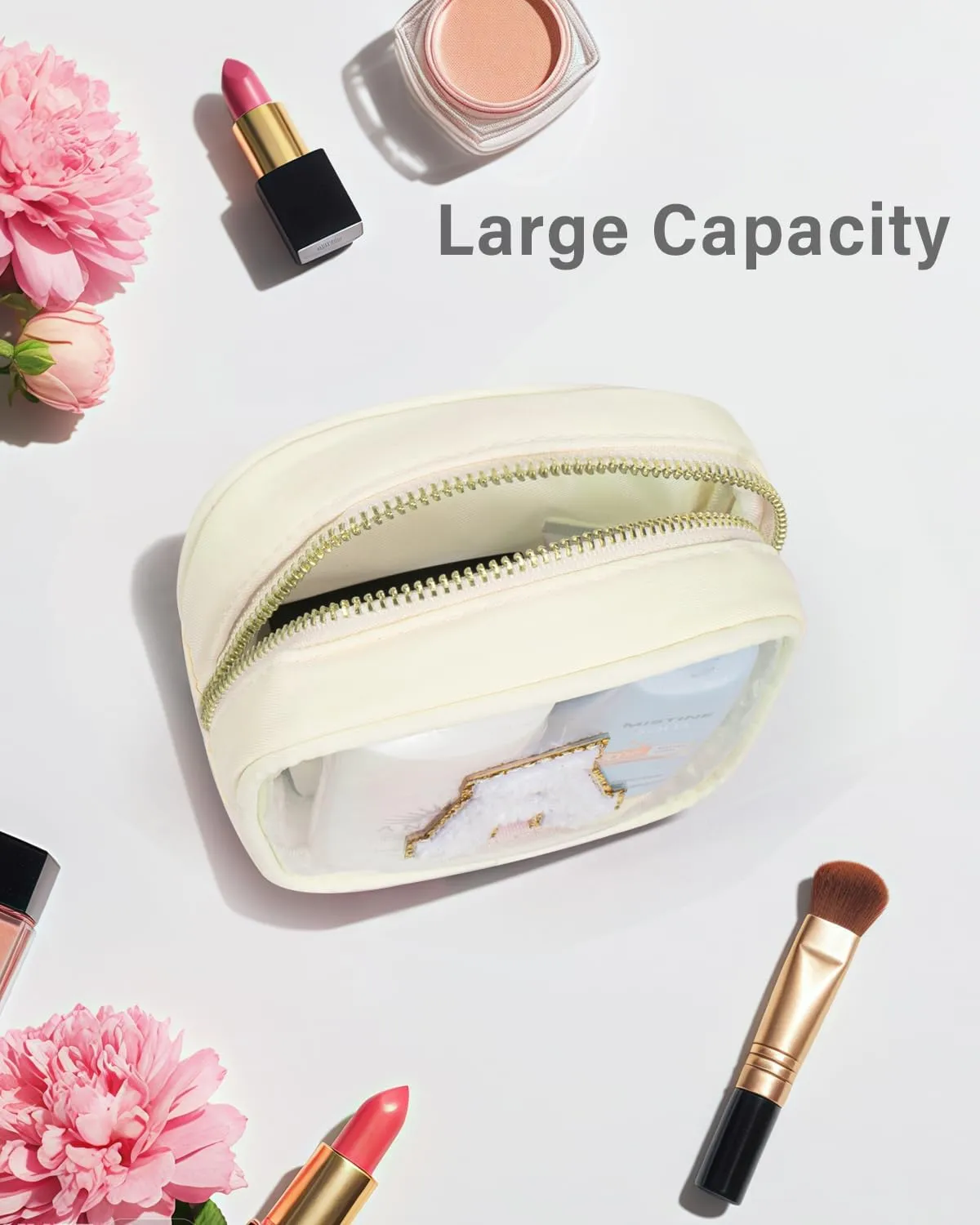 KOTORA Initial Make Up Bag Travel Toiletry Bag, Clear Makeup Bag Preppy Cosmetic Bags Organizer Easter Basket Essentials Pink Gifts for Women Girlfriend Teacher Mom Brithday Small Makeup Bag Beige A