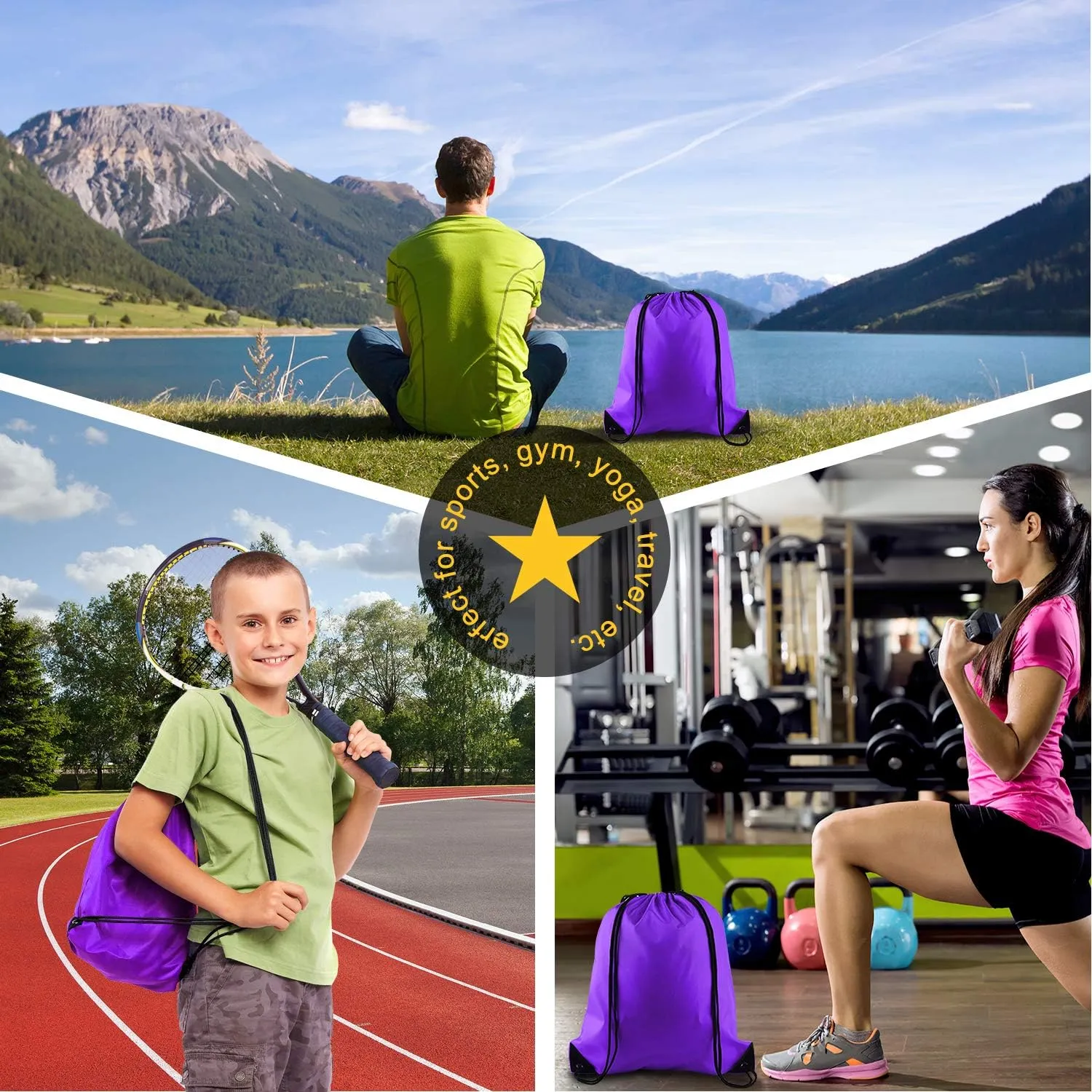 KUUQA 2Pcs Drawstring Backpack Bags Sports Cinch Sack String Backpack Storage Bags for Gym Traveling (Purple)