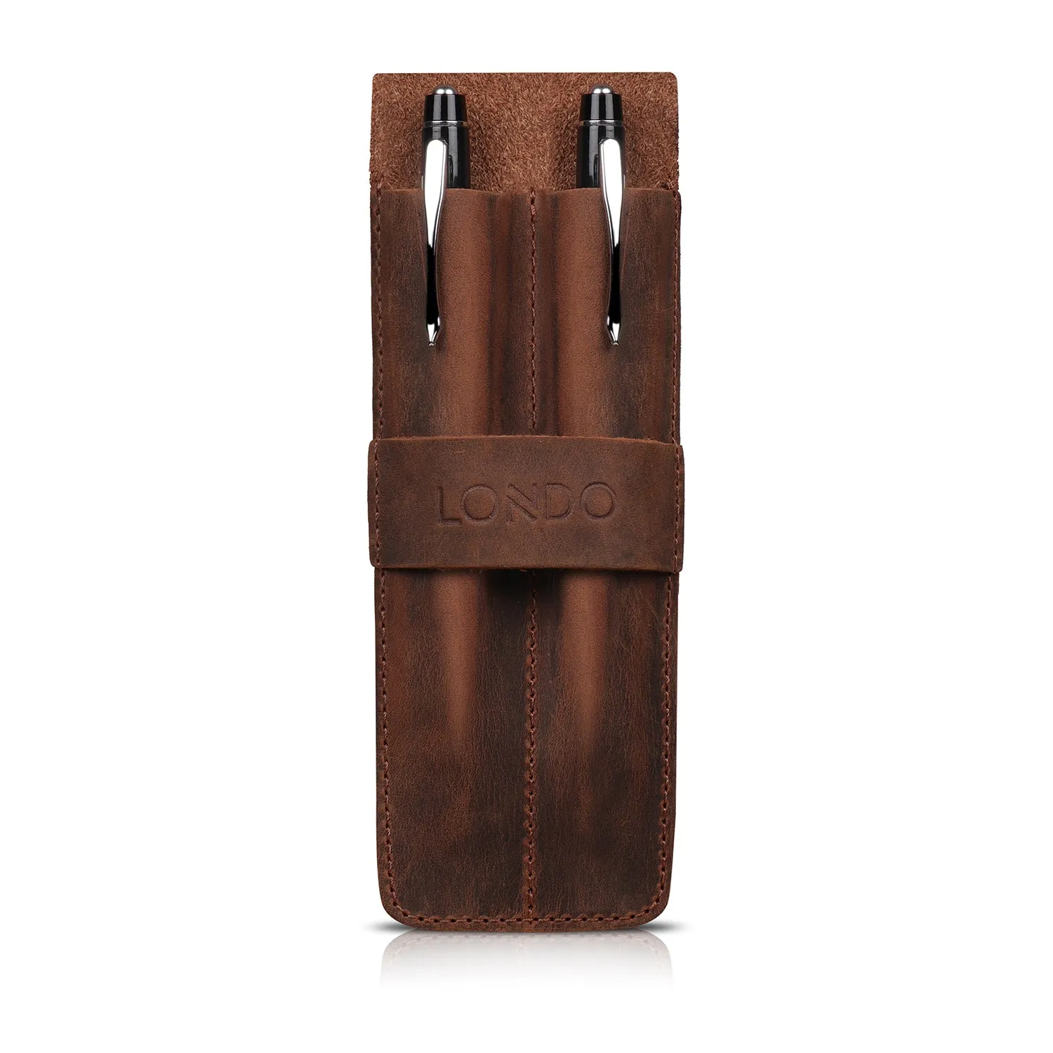 Londo Top Grain Leather Pen and Pencil Case with Tuck in Flap - Two Compartment