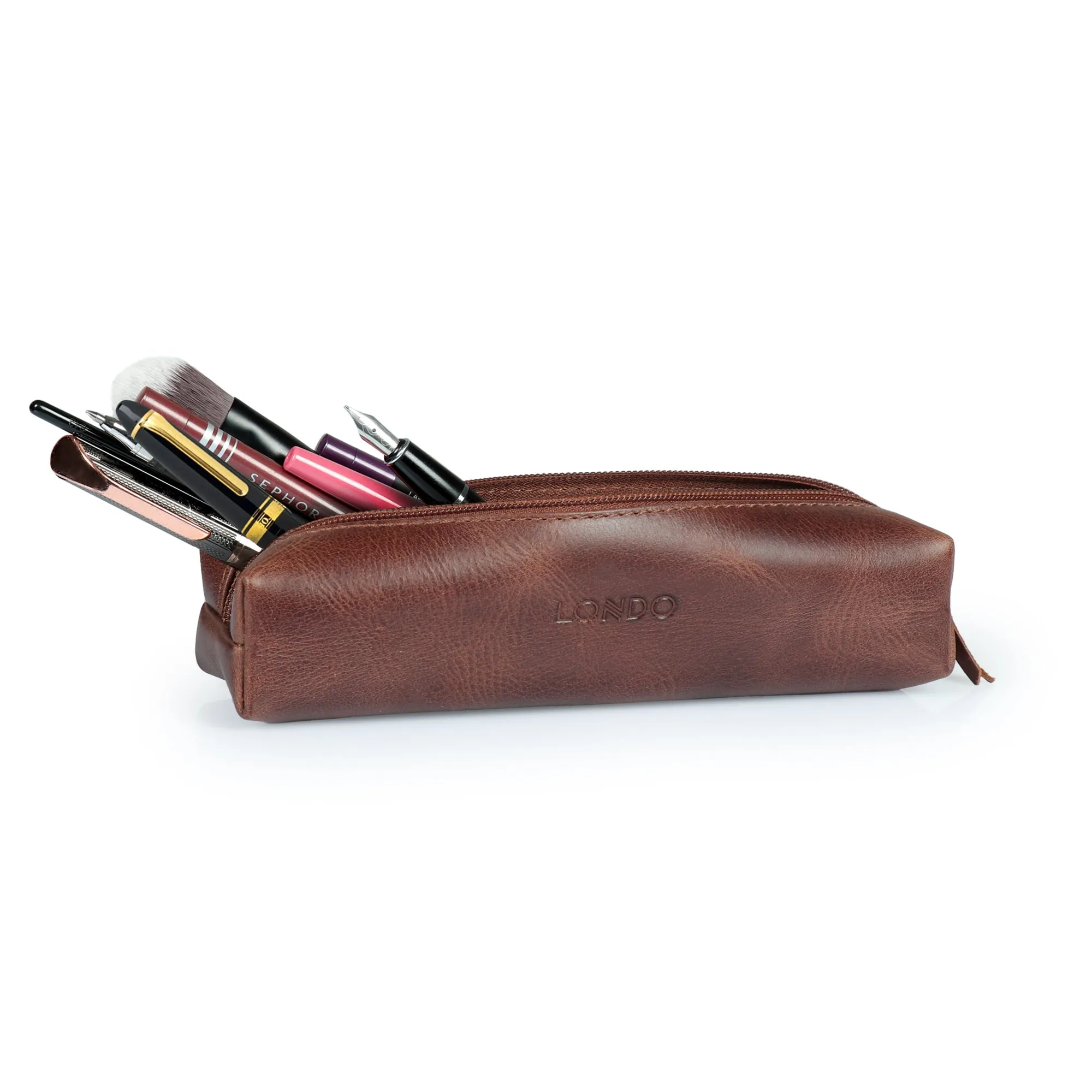 Londo Top Grain Leather Zipper Pen, Pencil and Cosmetic Case