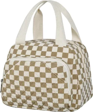 Lunch Bag for Women Men Adult, Reusable Insulated Cooler Lunch Box Tote Bags Corduroy Lunchbox Leakproof Waterproof Cooler Bag for Work Picnic Camping -Khaki Grid