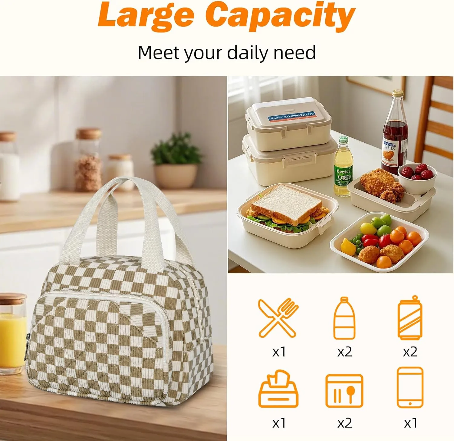 Lunch Bag for Women Men Adult, Reusable Insulated Cooler Lunch Box Tote Bags Corduroy Lunchbox Leakproof Waterproof Cooler Bag for Work Picnic Camping -Khaki Grid