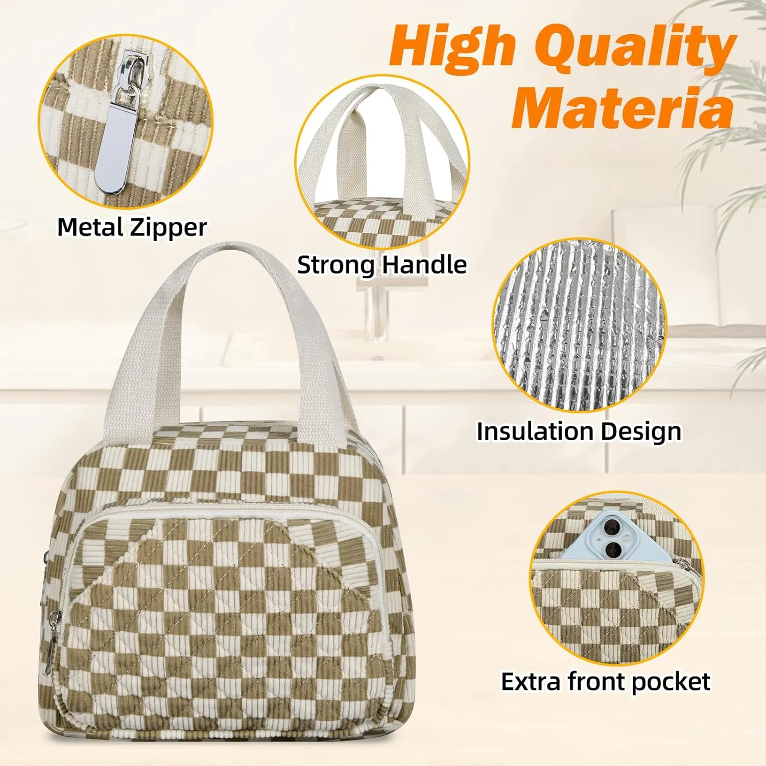 Lunch Bag for Women Men Adult, Reusable Insulated Cooler Lunch Box Tote Bags Corduroy Lunchbox Leakproof Waterproof Cooler Bag for Work Picnic Camping -Khaki Grid