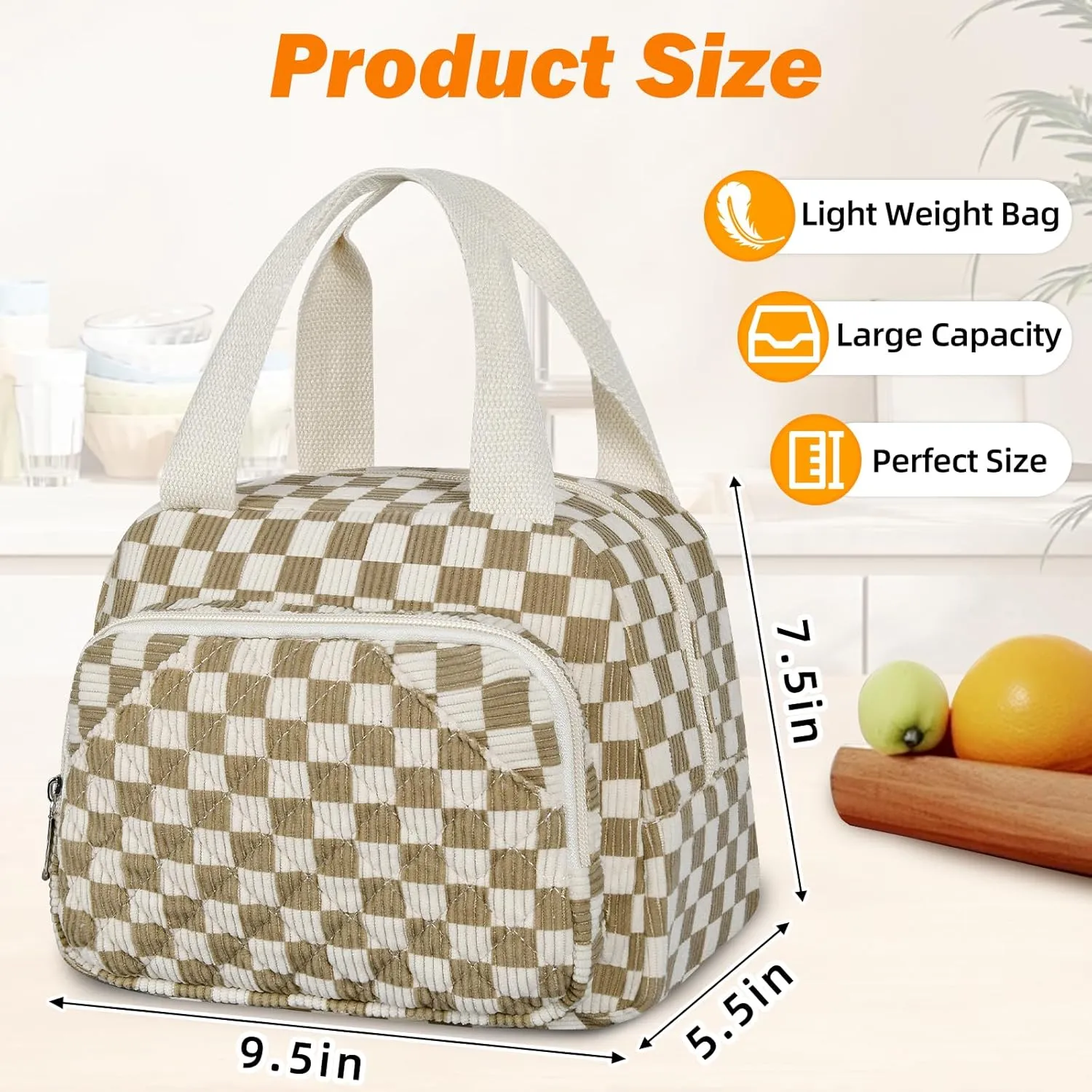 Lunch Bag for Women Men Adult, Reusable Insulated Cooler Lunch Box Tote Bags Corduroy Lunchbox Leakproof Waterproof Cooler Bag for Work Picnic Camping -Khaki Grid