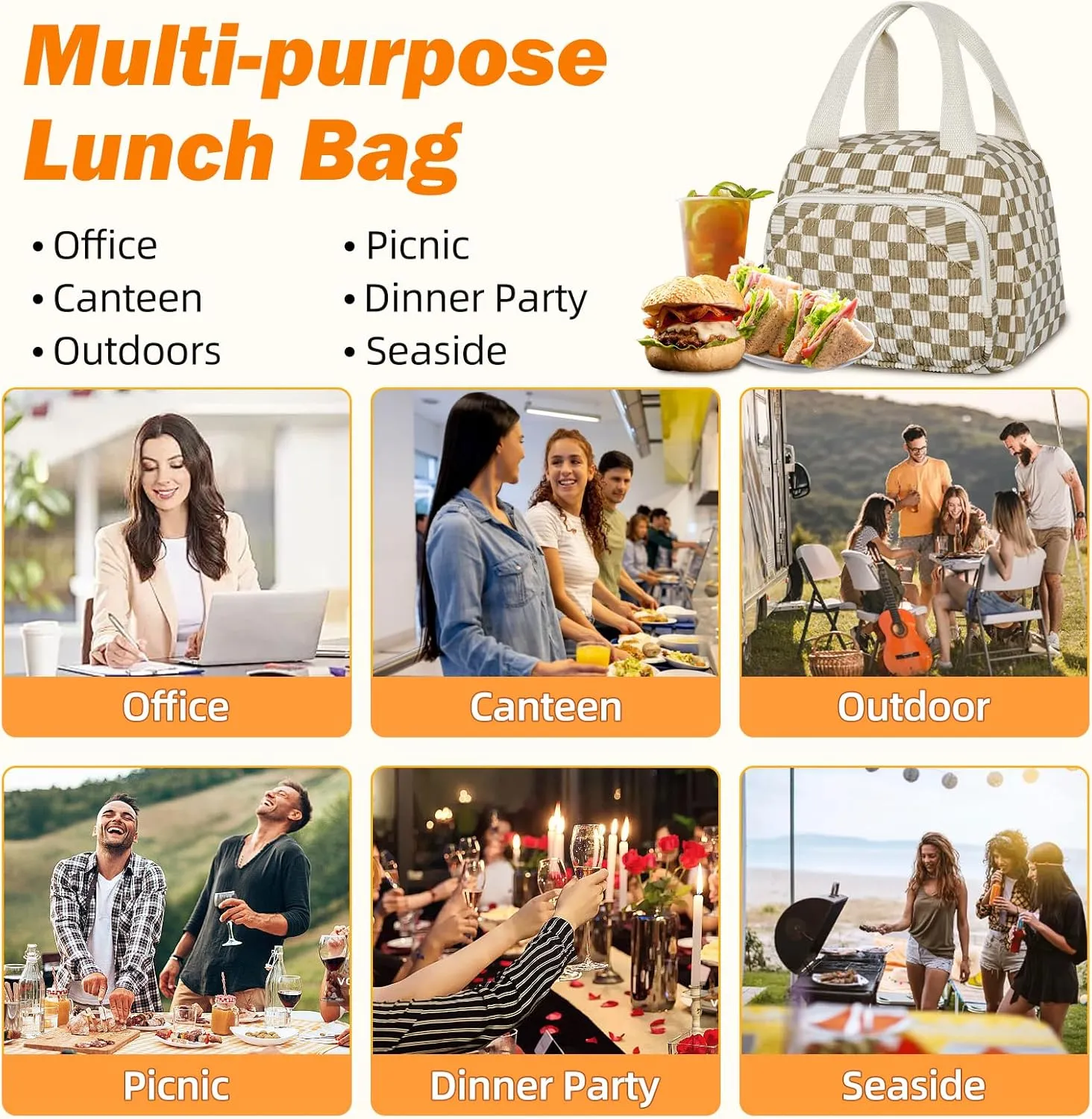 Lunch Bag for Women Men Adult, Reusable Insulated Cooler Lunch Box Tote Bags Corduroy Lunchbox Leakproof Waterproof Cooler Bag for Work Picnic Camping -Khaki Grid