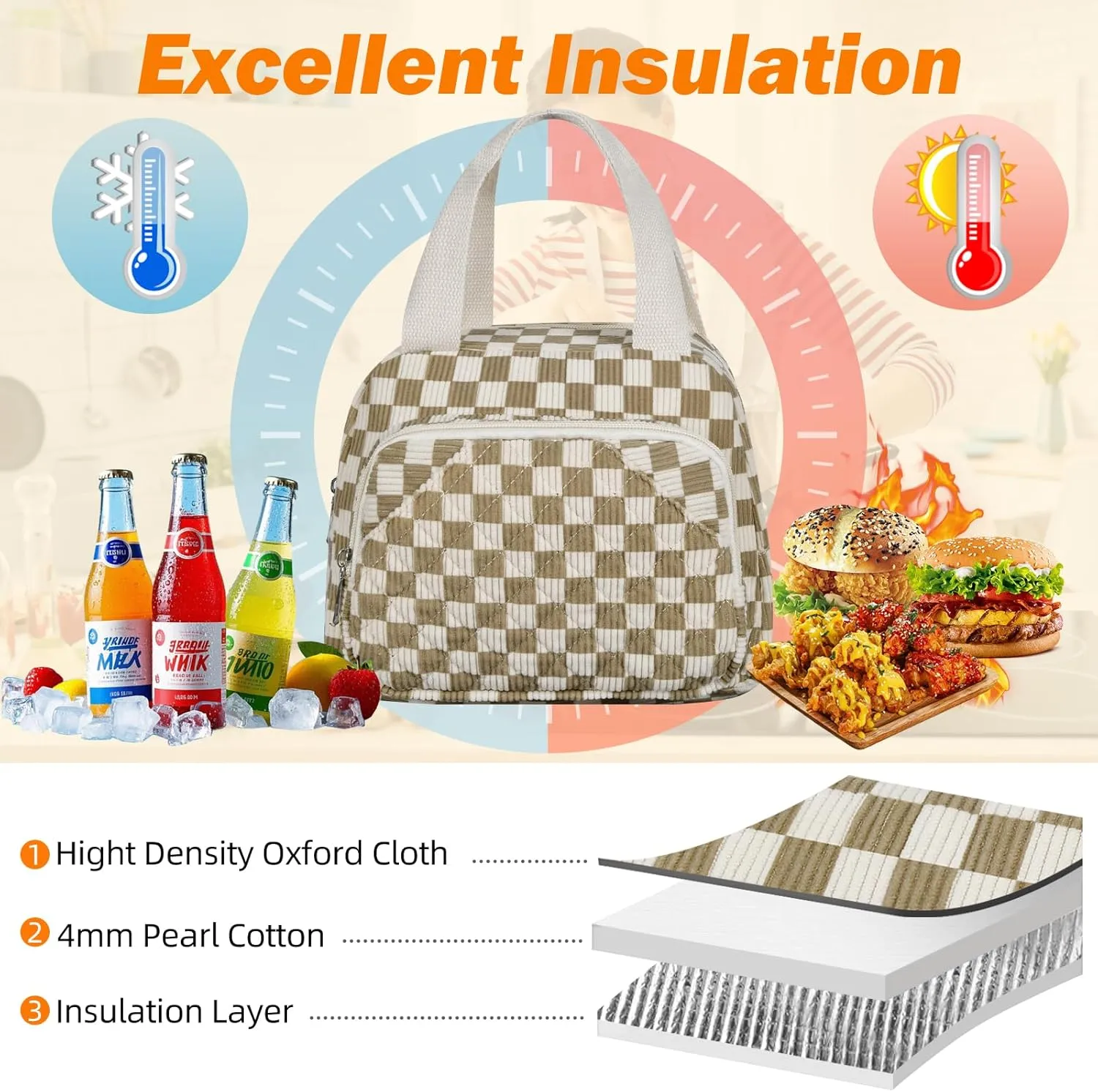 Lunch Bag for Women Men Adult, Reusable Insulated Cooler Lunch Box Tote Bags Corduroy Lunchbox Leakproof Waterproof Cooler Bag for Work Picnic Camping -Khaki Grid