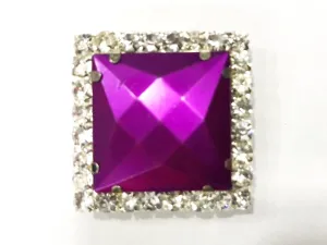 Magenta Pink Square Plastic Stone with Crystal Frame (32x32 mm)