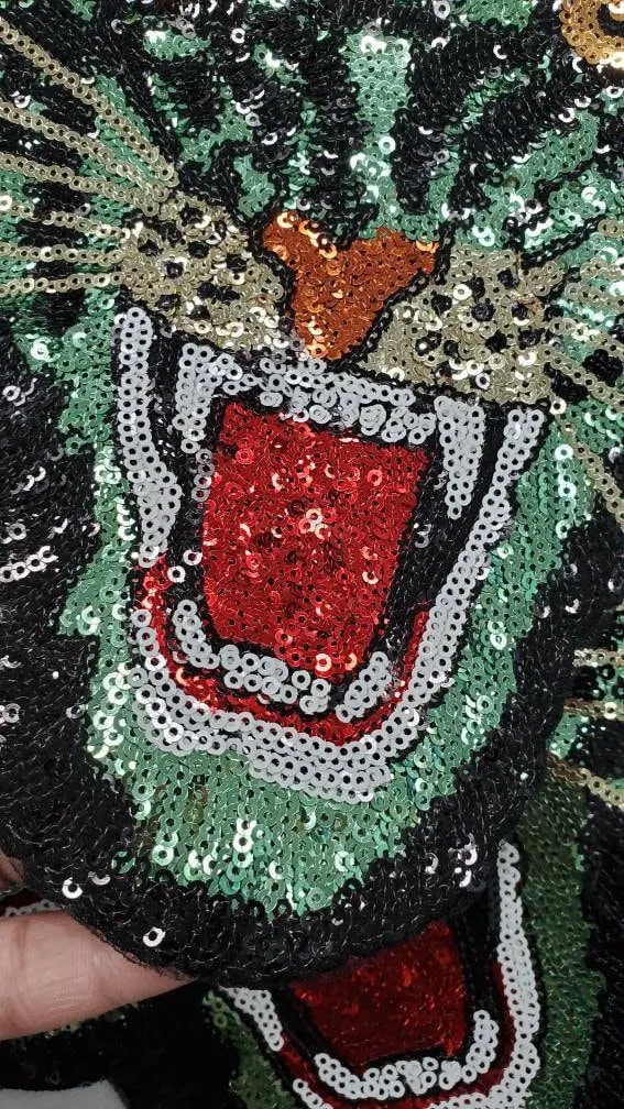 New Arrival, Royal "Green" Sequins Tiger Head Sew-on Patch, Large Patch; Cool Bling Patch, DIY Applique; Vintage Patch, Size 10.5"