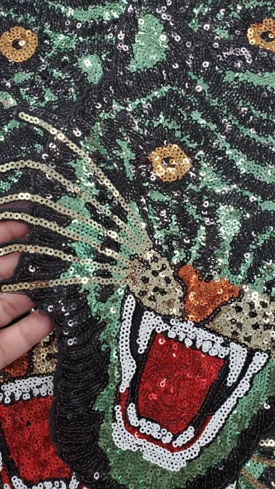 New Arrival, Royal "Green" Sequins Tiger Head Sew-on Patch, Large Patch; Cool Bling Patch, DIY Applique; Vintage Patch, Size 10.5"