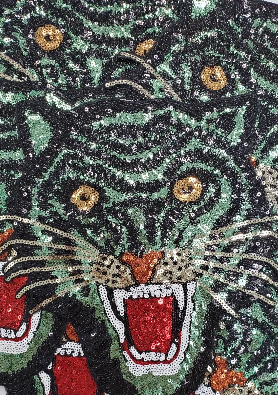New Arrival, Royal "Green" Sequins Tiger Head Sew-on Patch, Large Patch; Cool Bling Patch, DIY Applique; Vintage Patch, Size 10.5"