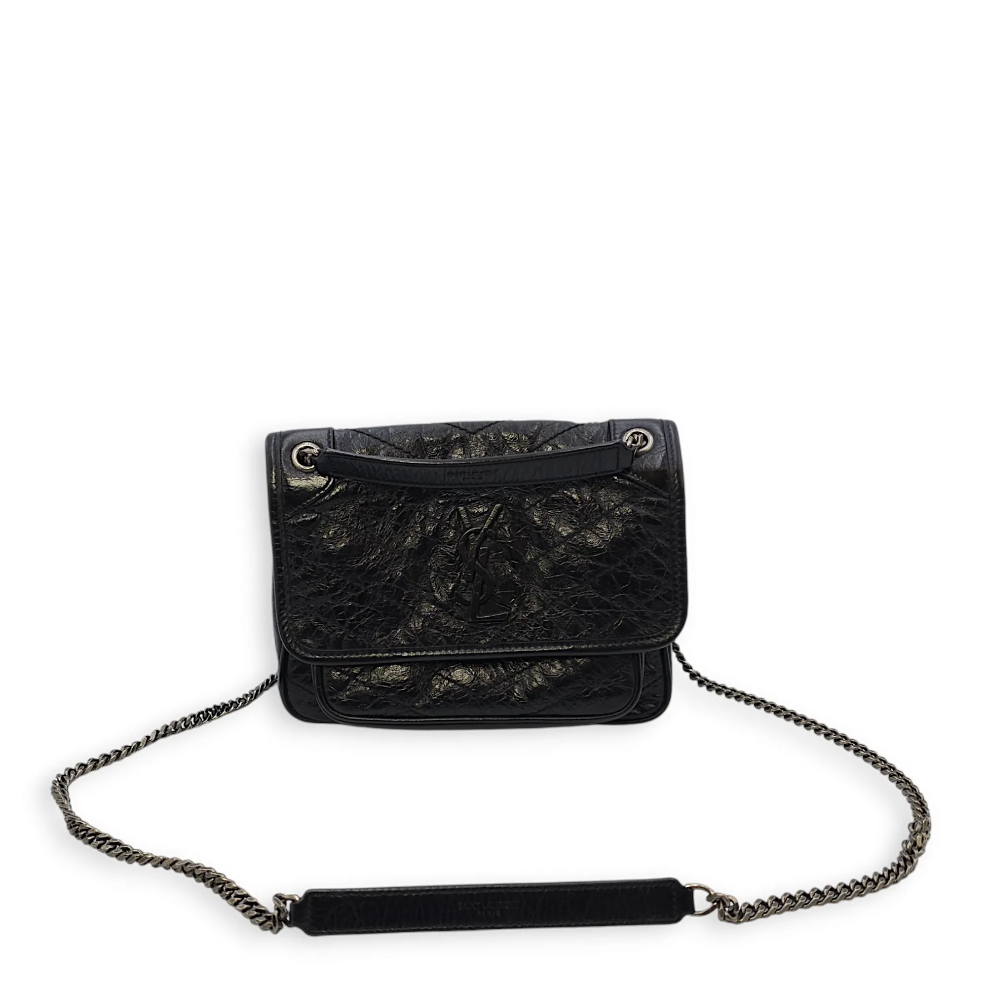 Niki 22x17x5cm Black Crossbody Bag in Distressed Leather, Ruthenium-finish Brass hardware