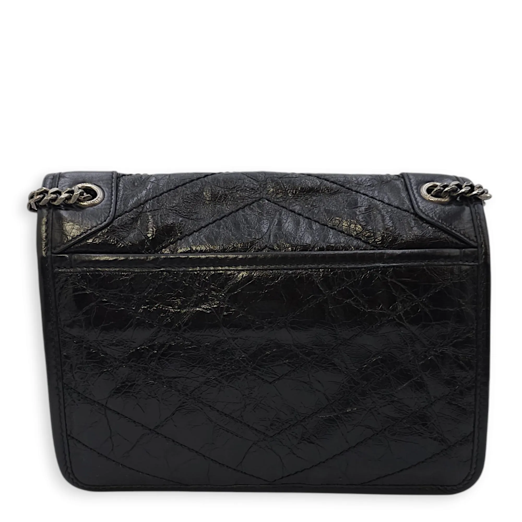 Niki 22x17x5cm Black Crossbody Bag in Distressed Leather, Ruthenium-finish Brass hardware