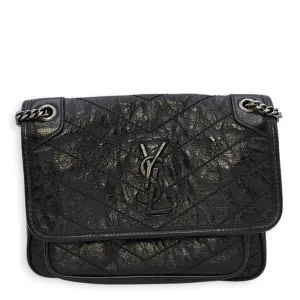 Niki 22x17x5cm Black Crossbody Bag in Distressed Leather, Ruthenium-finish Brass hardware
