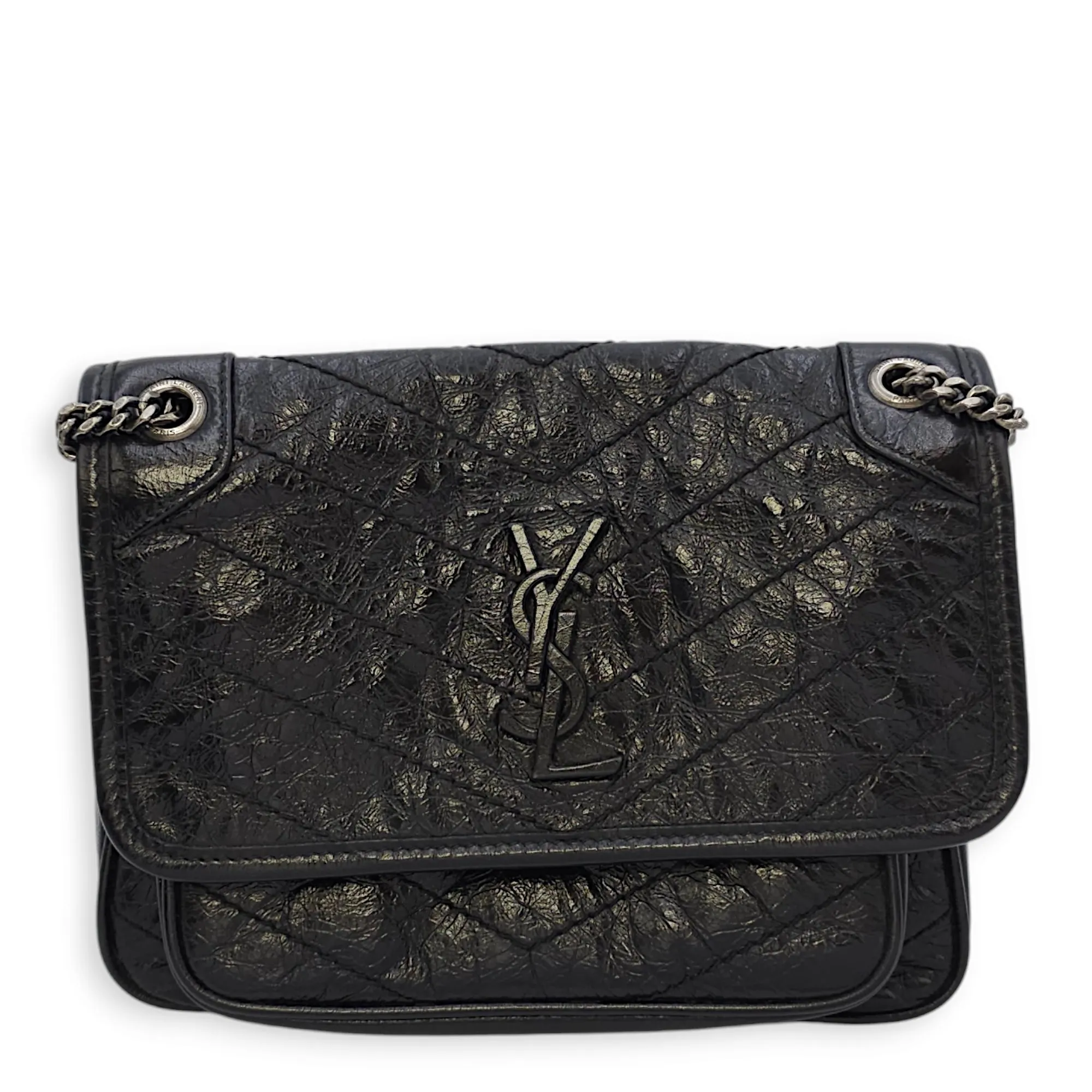Niki 22x17x5cm Black Crossbody Bag in Distressed Leather, Ruthenium-finish Brass hardware