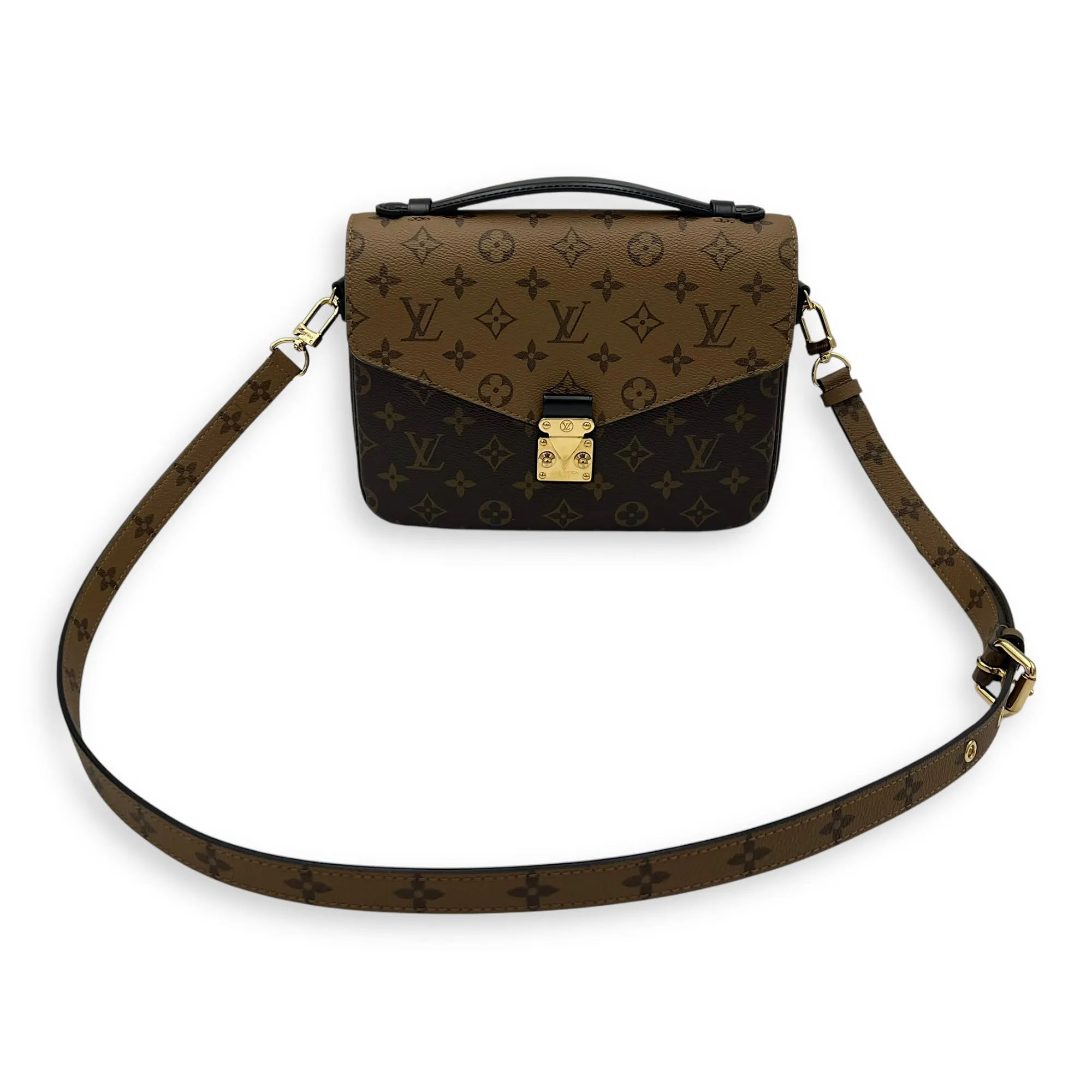 Pochette Metis Brown Crossbody Bag in Monogram Coated Canvas, Gold hardware