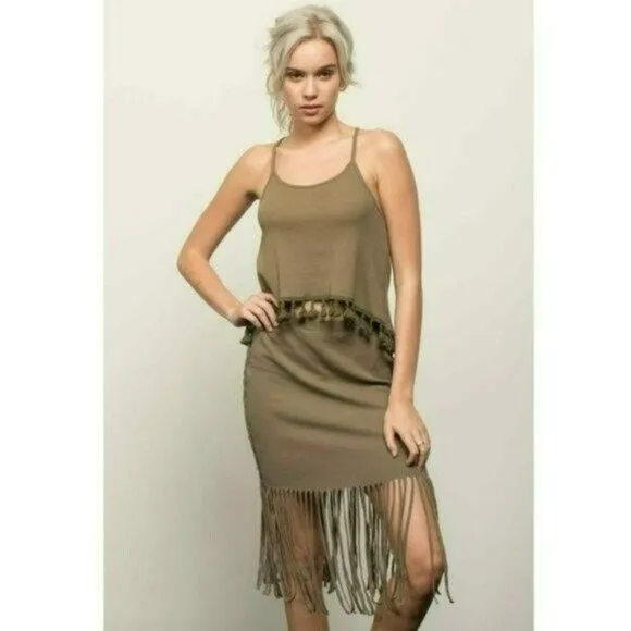 POL Boho Ribbed Cotton Fringe Hem Lace Trim Midi Skirt