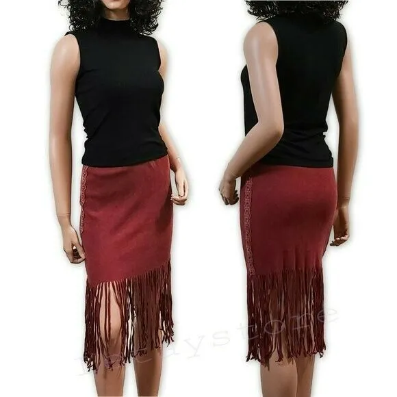 POL Boho Ribbed Cotton Fringe Hem Lace Trim Midi Skirt