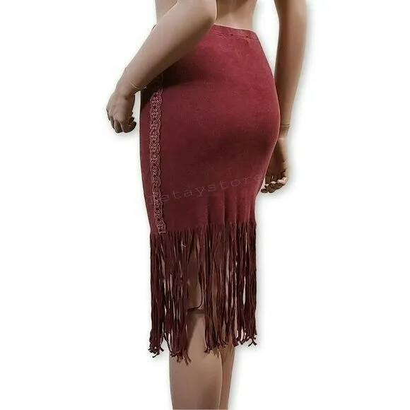 POL Boho Ribbed Cotton Fringe Hem Lace Trim Midi Skirt