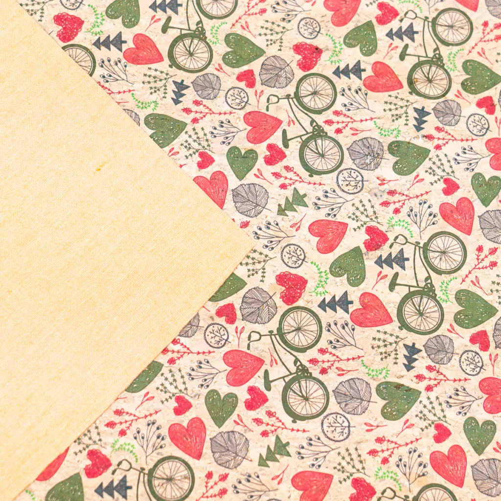Printed Cork Fabric with Bicycle and Heart Design COF-549