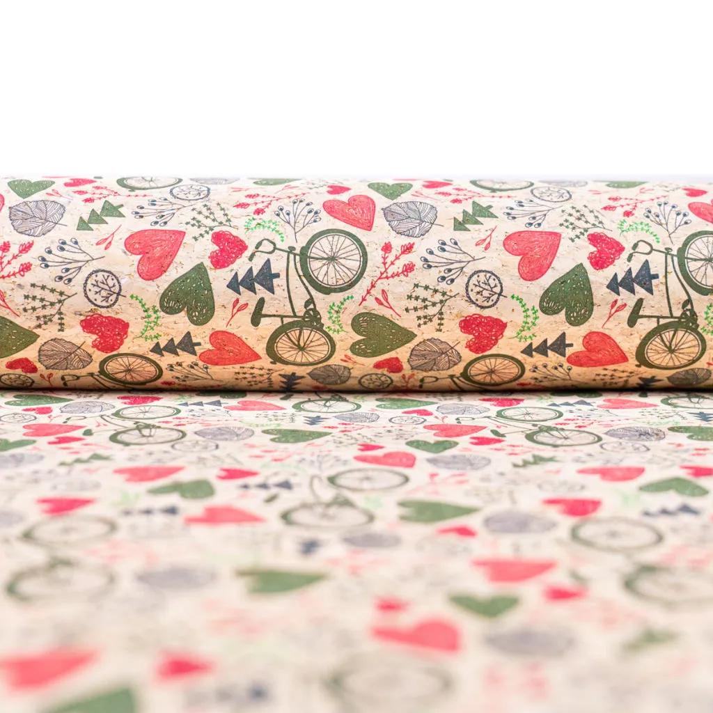 Printed Cork Fabric with Bicycle and Heart Design COF-549