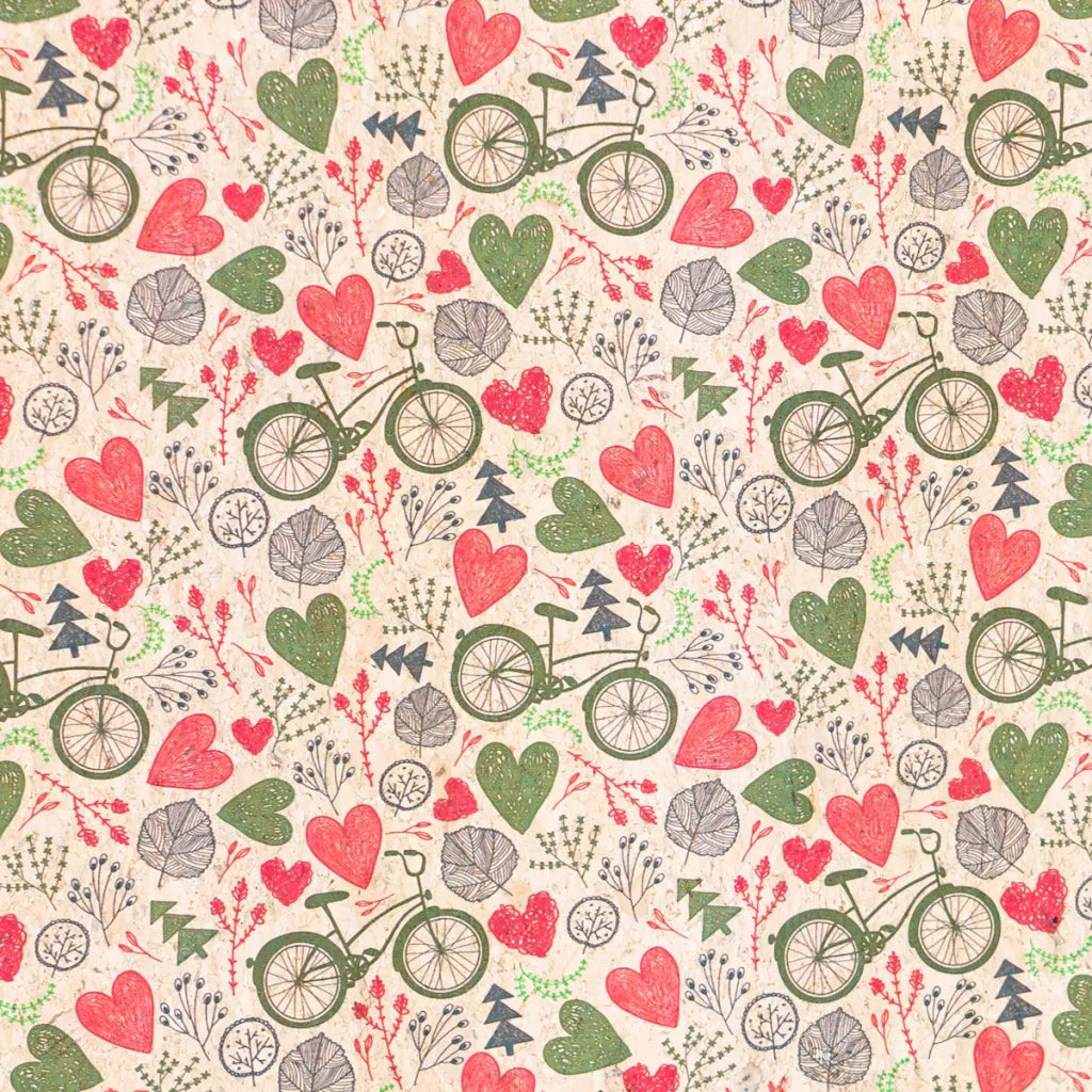 Printed Cork Fabric with Bicycle and Heart Design COF-549