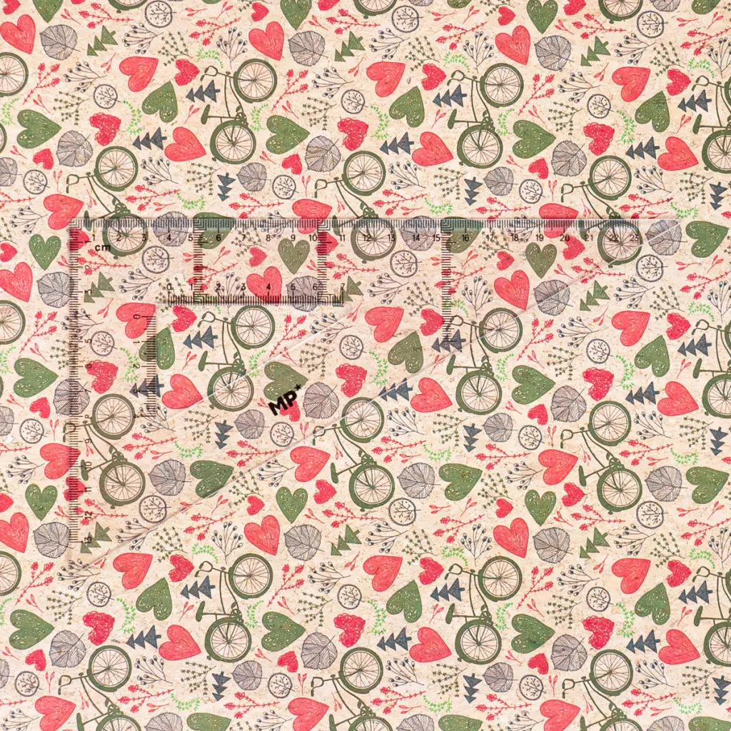 Printed Cork Fabric with Bicycle and Heart Design COF-549