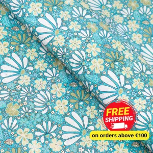 Printed Cork Fabric with Floral Design in Turquoise and Green COF-550