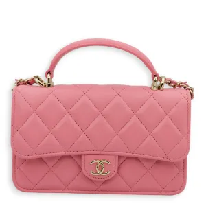 Quilted Clutch-On-Chain Pink Top Handle Bag in Lambskin, Gold hardware