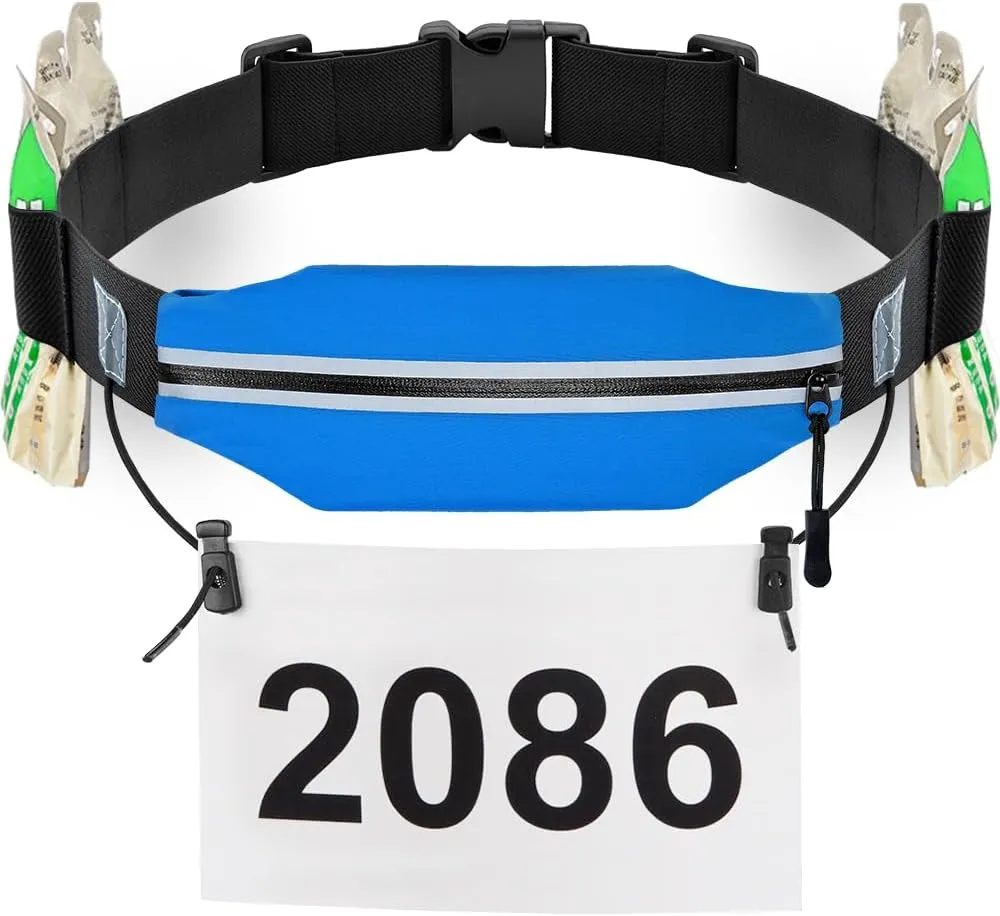 RJ-Sport Triathlon Belt with Pouch - Race Number Bib Holder with 6 Gel Loops, Ideal for Running, Cycling & Marathon (Blue)