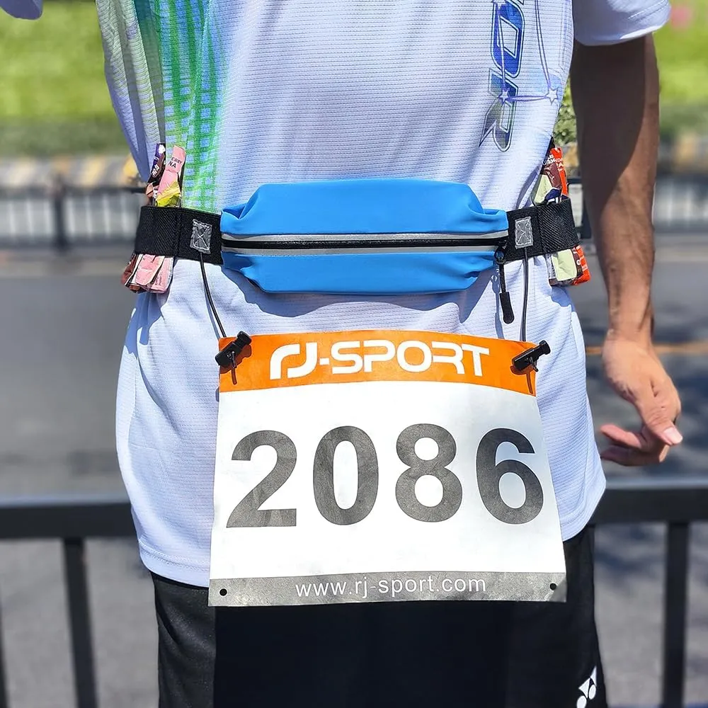 RJ-Sport Triathlon Belt with Pouch - Race Number Bib Holder with 6 Gel Loops, Ideal for Running, Cycling & Marathon (Blue)