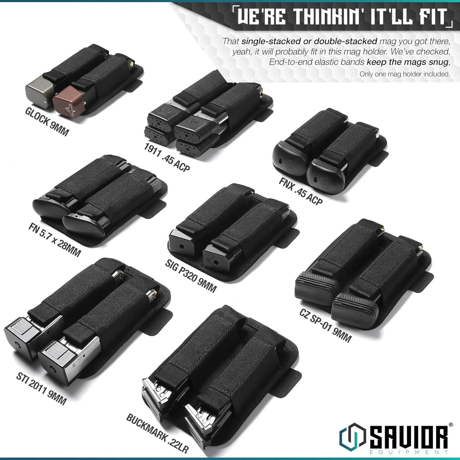 Savior Equipment Tactical Pistol Mag Pouch 9mm .40 45acp Open-Top Single & Double Stack Mag Holder Softshell Mags Storage Universal Magazine Carrier, Elastic Band to Hold Tight, Hook-Backed Panel