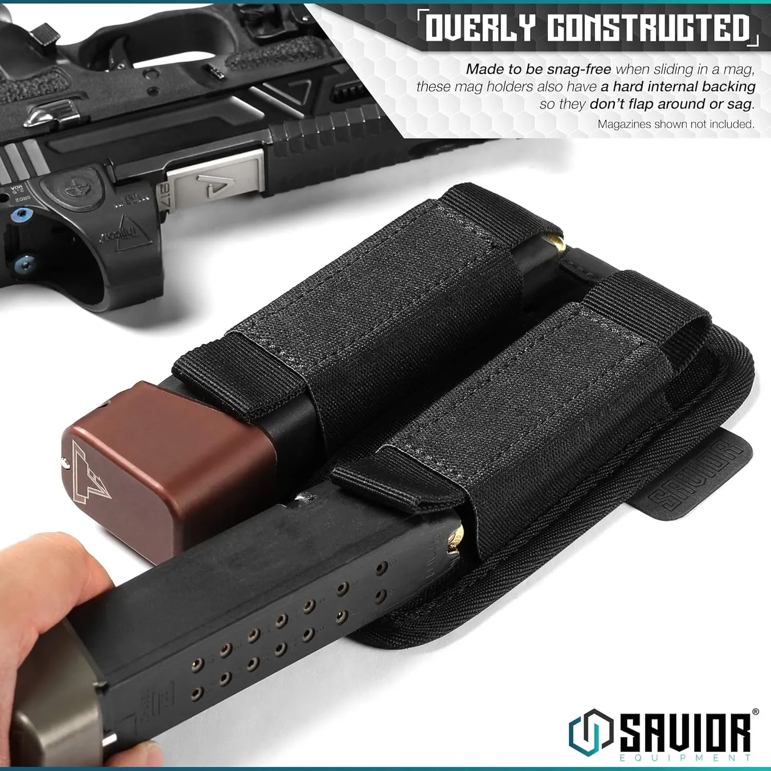 Savior Equipment Tactical Pistol Mag Pouch 9mm .40 45acp Open-Top Single & Double Stack Mag Holder Softshell Mags Storage Universal Magazine Carrier, Elastic Band to Hold Tight, Hook-Backed Panel