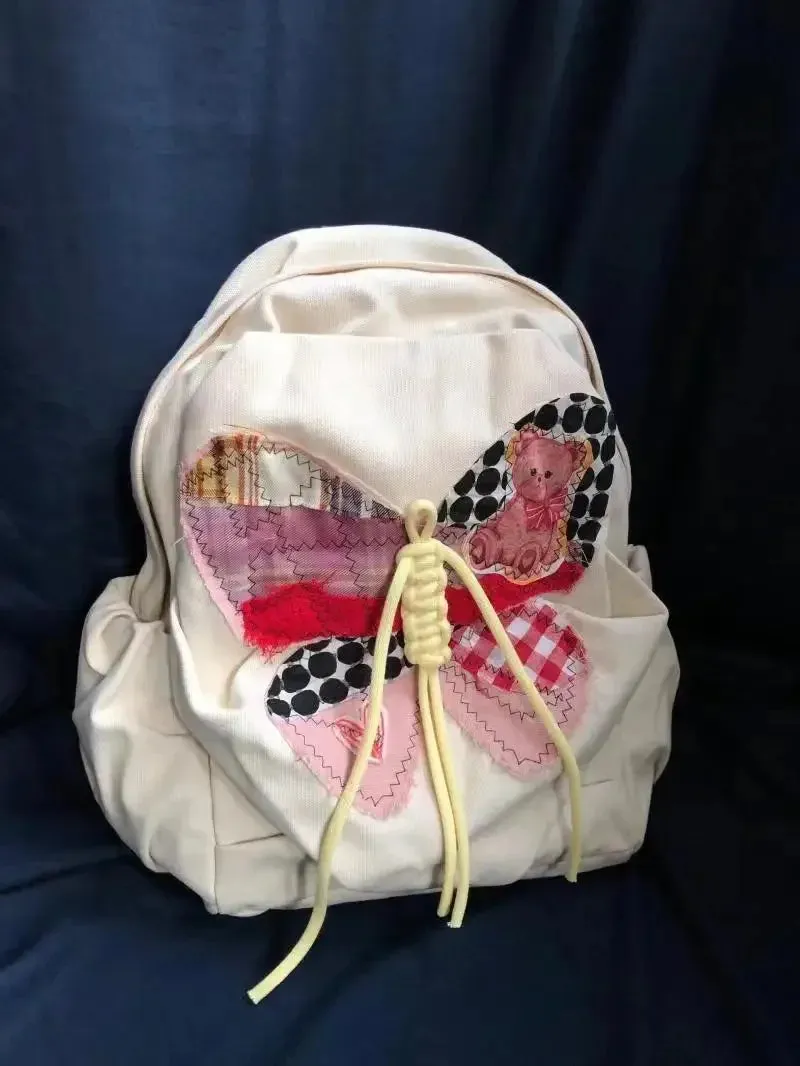 Sohiwoo Retro American Style Cute Bear Kawaii Butterfly Student Backpack Cute Large Capacity Canvas Travel Backpack Back To School