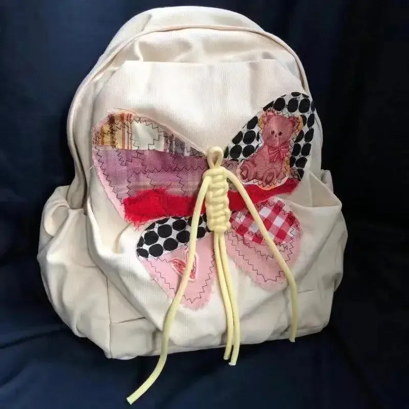 Sohiwoo Retro American Style Cute Bear Kawaii Butterfly Student Backpack Cute Large Capacity Canvas Travel Backpack Back To School
