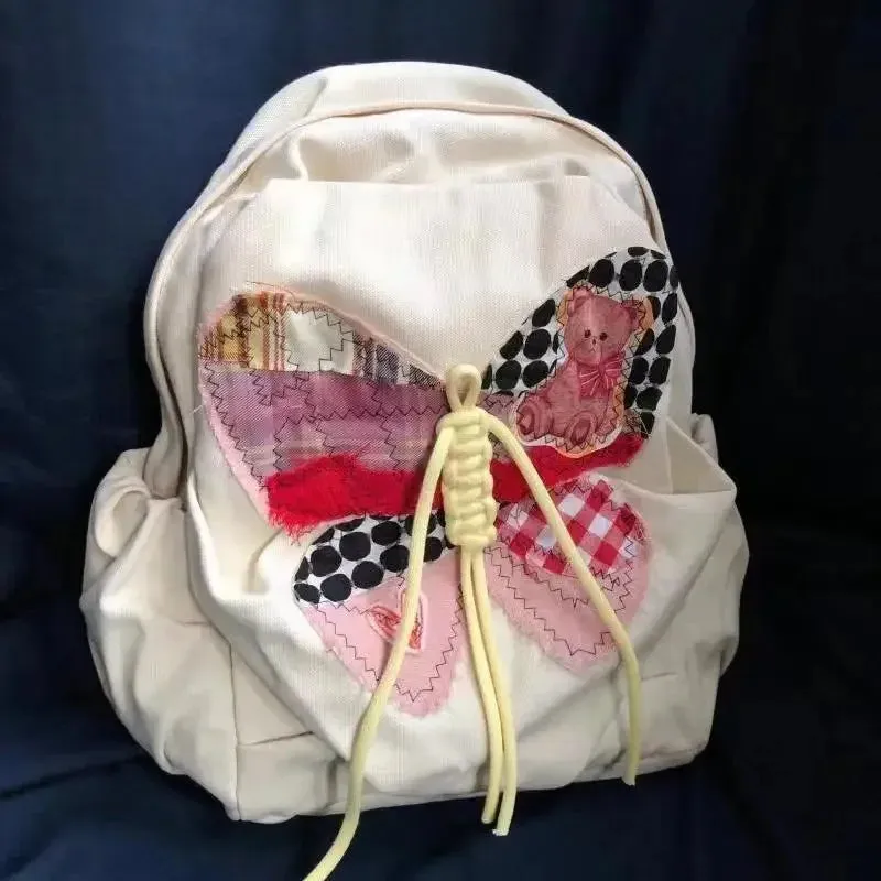 Sohiwoo Retro American Style Cute Bear Kawaii Butterfly Student Backpack Cute Large Capacity Canvas Travel Backpack Back To School