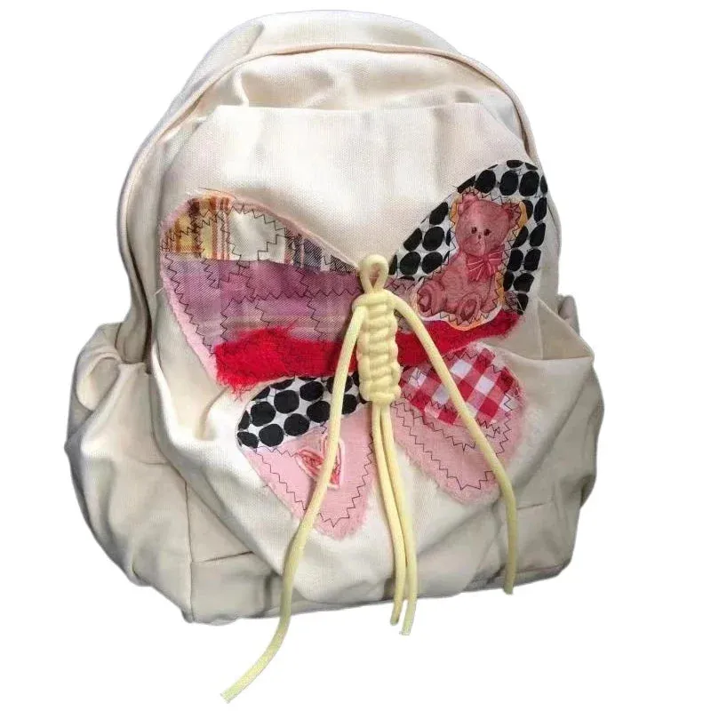 Sohiwoo Retro American Style Cute Bear Kawaii Butterfly Student Backpack Cute Large Capacity Canvas Travel Backpack Back To School