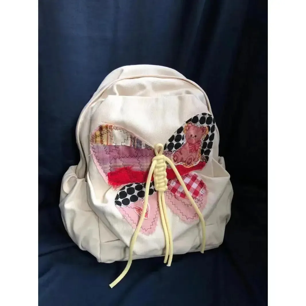Sohiwoo Retro American Style Cute Bear Kawaii Butterfly Student Backpack Cute Large Capacity Canvas Travel Backpack Back To School