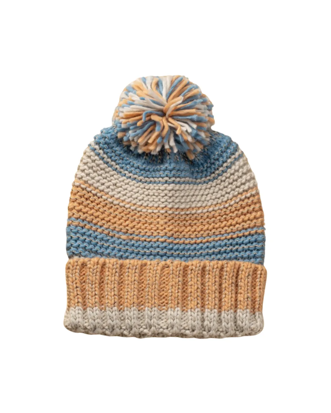Striped Knit Pom Pom Hat in Teal and Orange