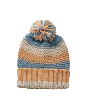Striped Knit Pom Pom Hat in Teal and Orange