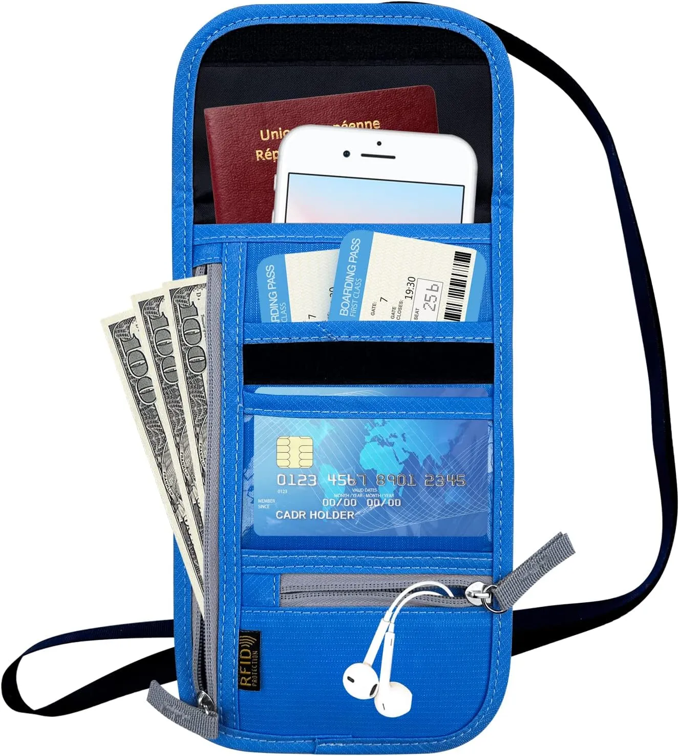 Travel Neck Wallet, RFID Blocking Passport Holder with Adjustable Neck Strap for Men and Women to Keep Cash, Credit Cards and Travel Documents Safe - Navy Blue