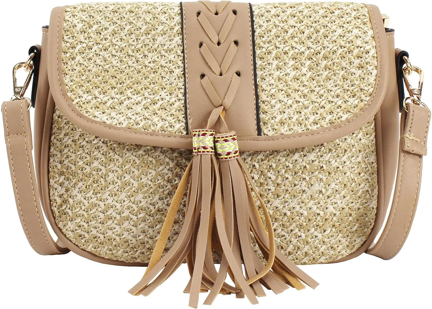 Van Caro Handwoven Cotton Straw Shoulder Bag Crochet Tassel Beach Bohemian Purse for Women