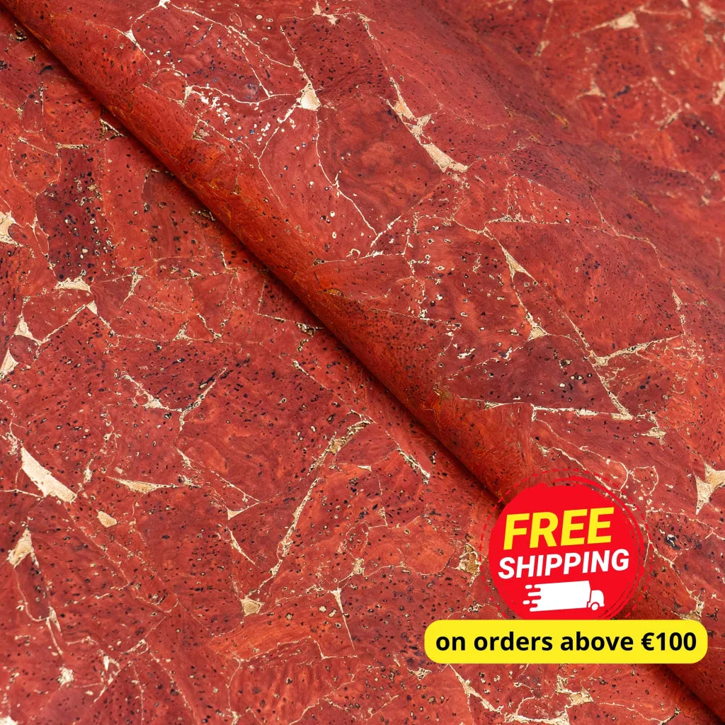 Vibrant Vermilion Cork Fabric with Golden Accents, 0.91mm Thick with Black Backing COF-543