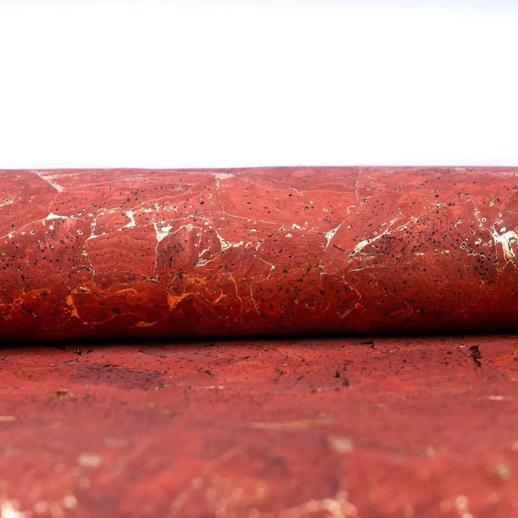 Vibrant Vermilion Cork Fabric with Golden Accents, 0.91mm Thick with Black Backing COF-543