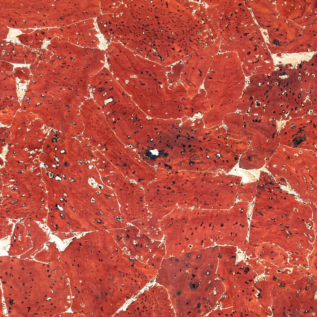 Vibrant Vermilion Cork Fabric with Golden Accents, 0.91mm Thick with Black Backing COF-543