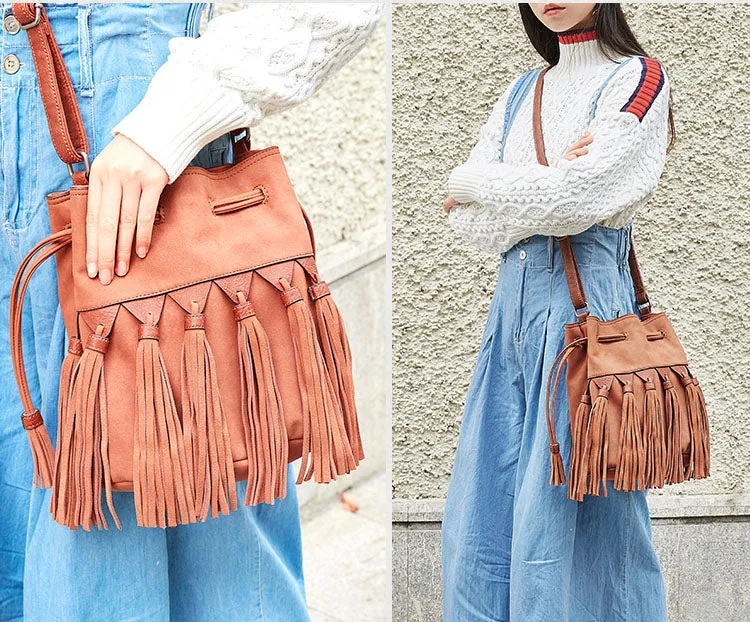 Womens Western Crossbody Bucket Purse With Fringe Boho Purses for Women